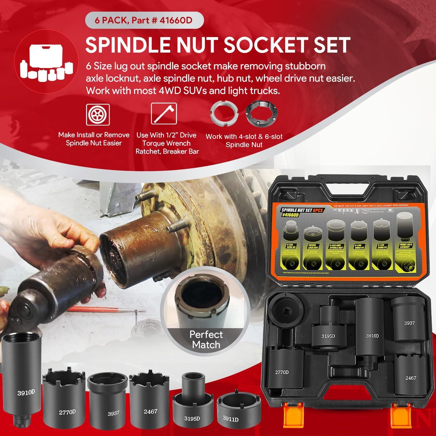 4543A 6Pc 4WD Spindle Nut Socket Set 41660D Nut Service Kit Puller 4-Lug Locknut