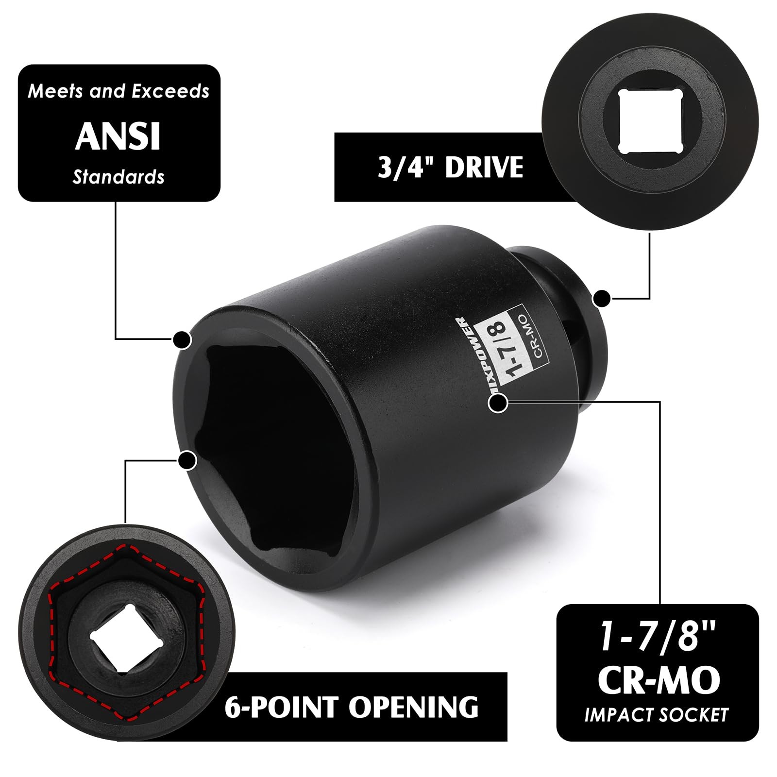 3/4 Drive Deep Impact Socket, CR-MO, 1-7/8, SAE, 6 Point, Axle Nut Impact Gra…