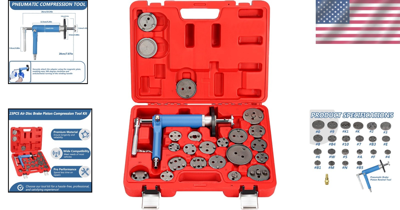 Pneumatic Brake Caliper Compression Tool Kit 24PCS for Cars Trucks