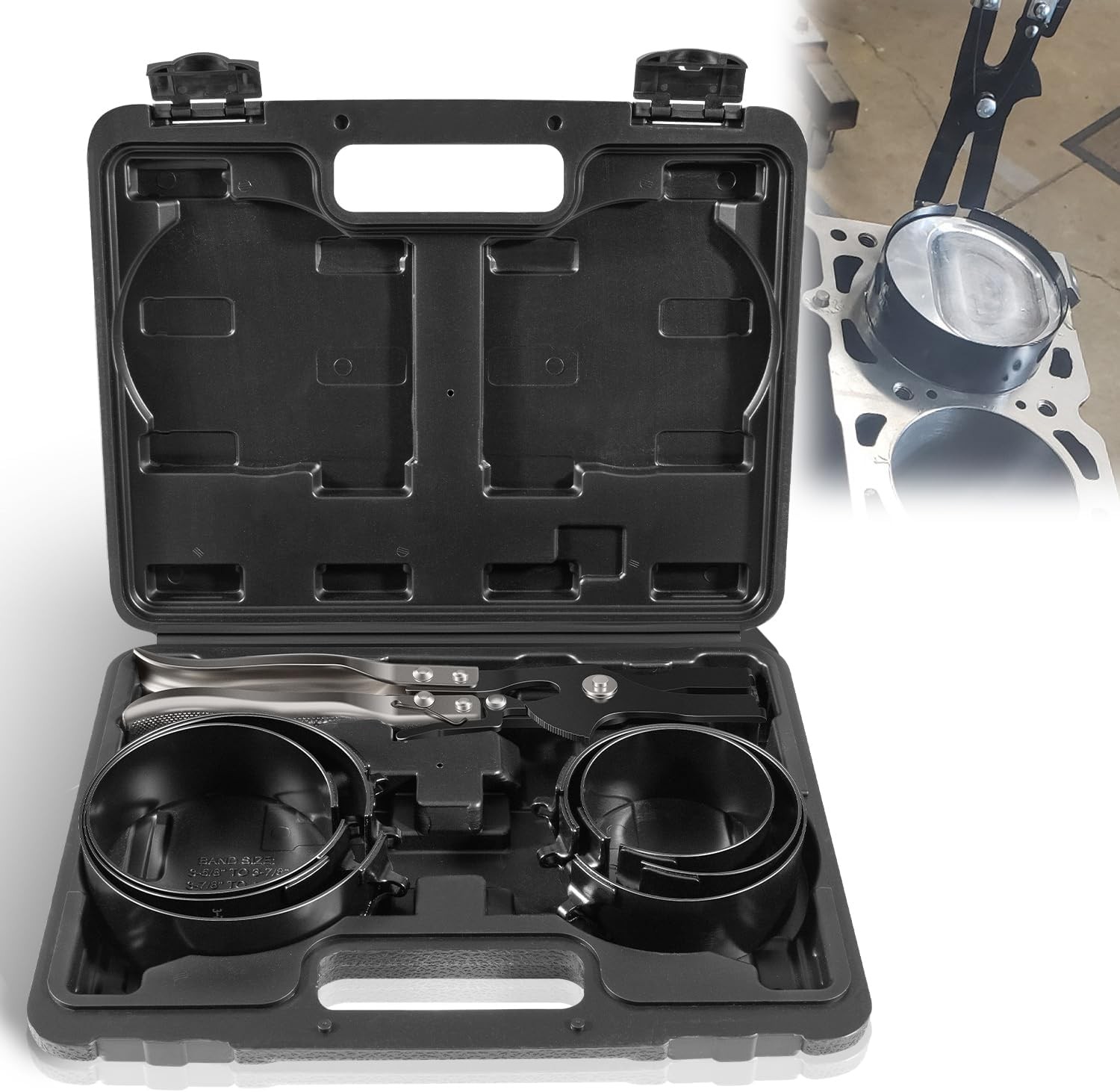 940387 Piston Ring Compressor Tool Set w/6 Piston Rings Sizes 2-7/8″ to 4-3/8″