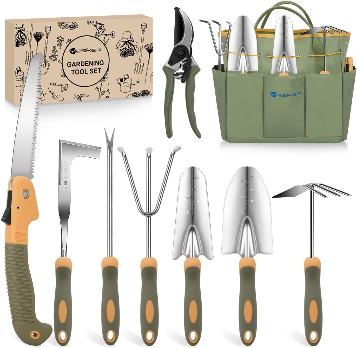 9 Pcs Garden Tools Set Gardening Supplies Gifts Hand Tool Kit Yellow Green