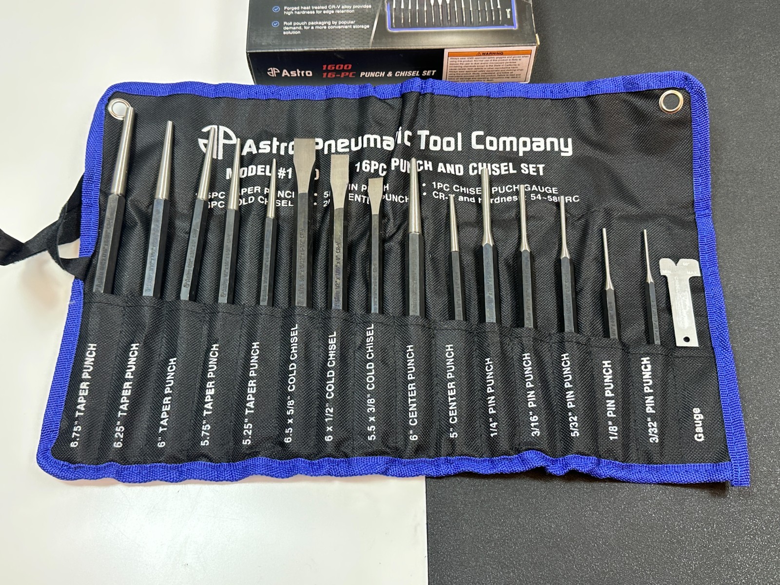 NEW Astro Pneumatic 1600 16pc Chisel and Punch Set w/ Gauge in Kit Bag