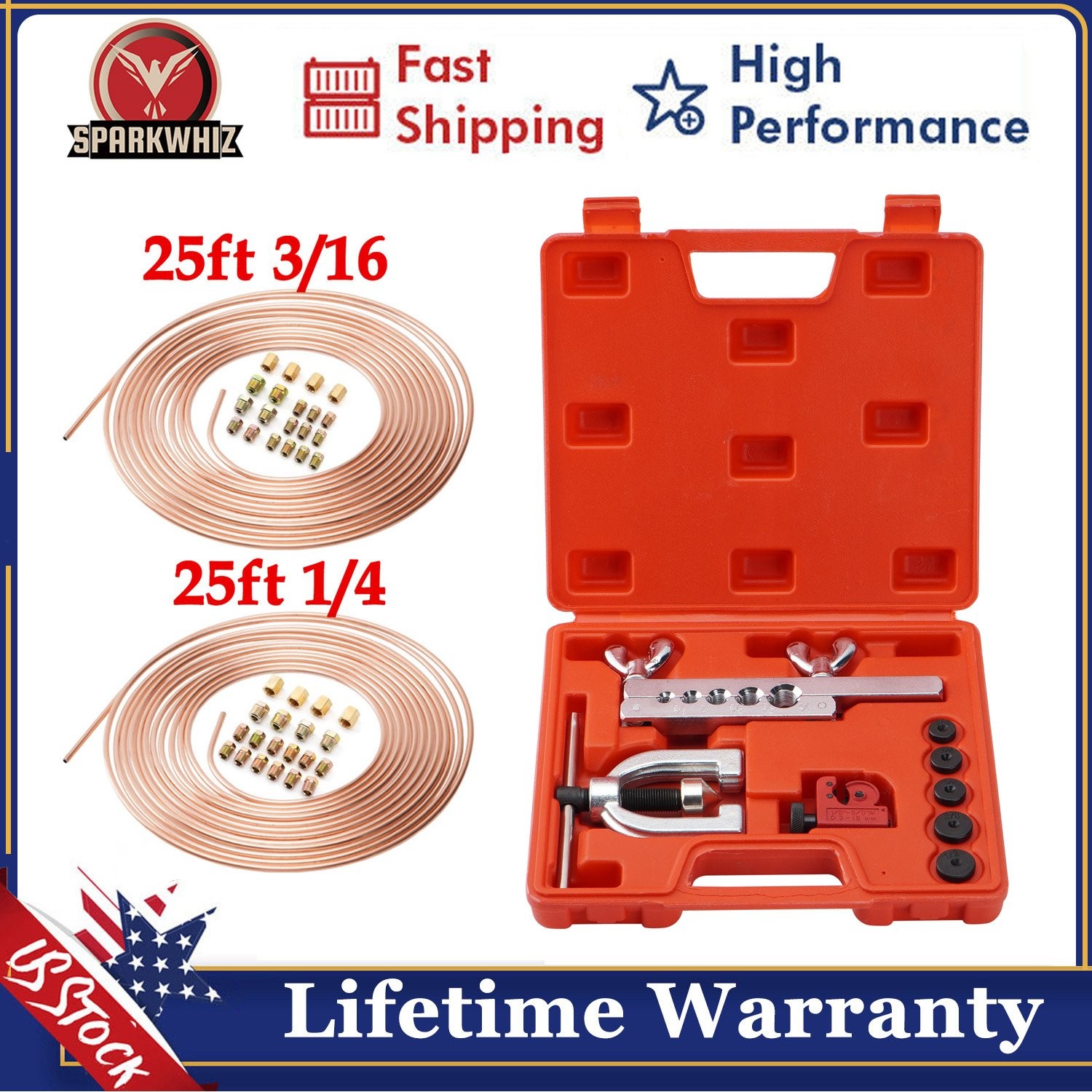 Brake Line Kit 3/16 + 1/4 25FT Copper Steel Pipe Flaring Tool & 40 Nuts Fittings