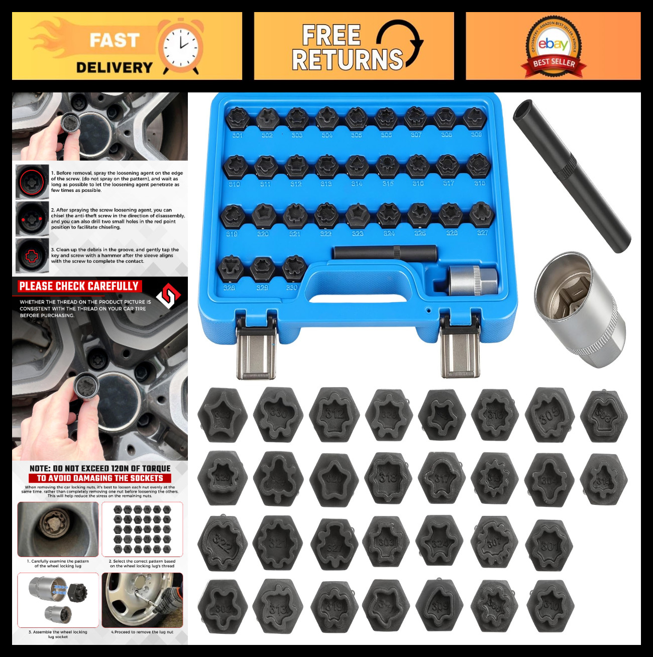 32PCS Wheel Locking Nut Key Kit – Anti-Theft Lug Nut Removal Tool for Vehicles