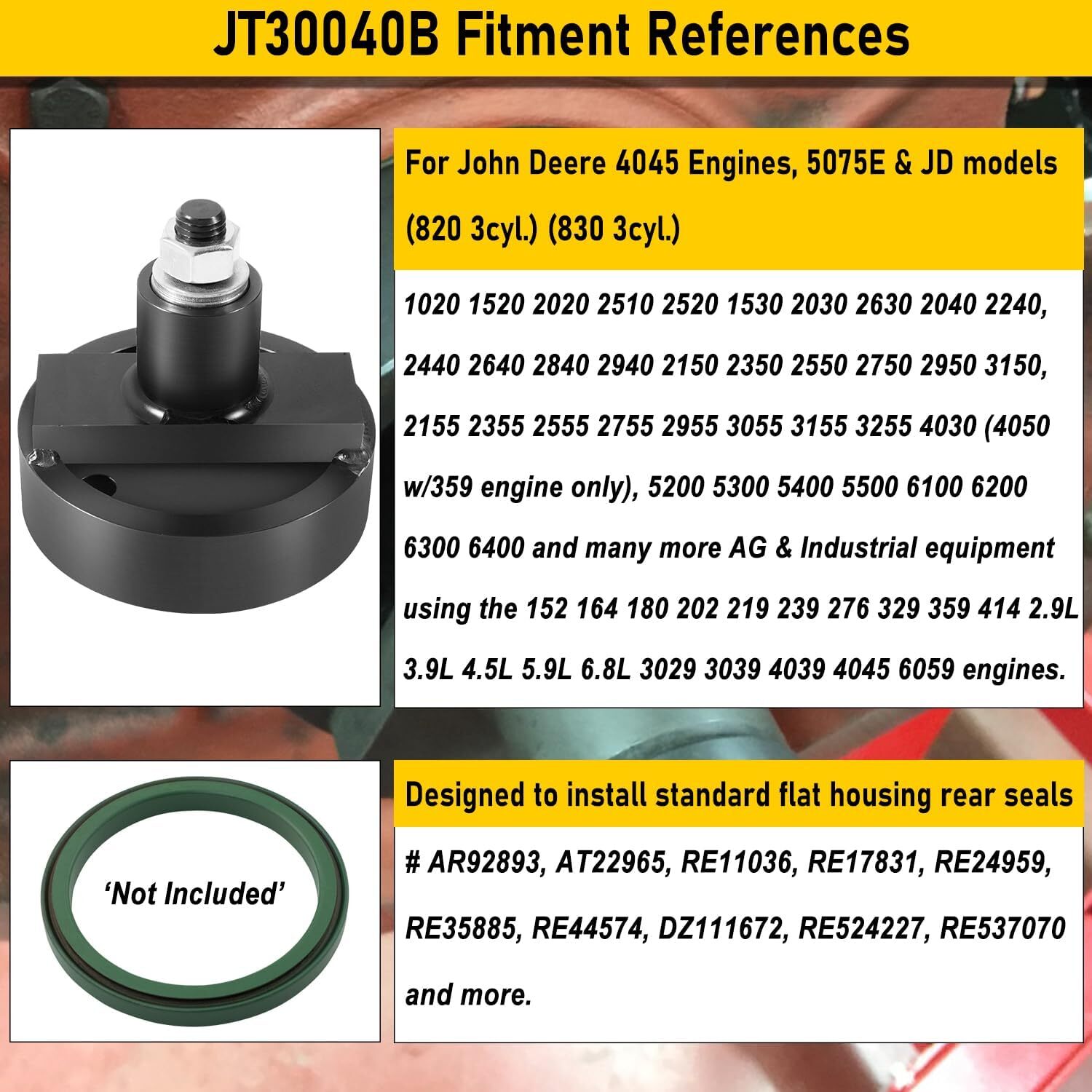 Rear Main Seal Installer Tool JT30040B fits J D 202 219 239 329 359 414 Engines