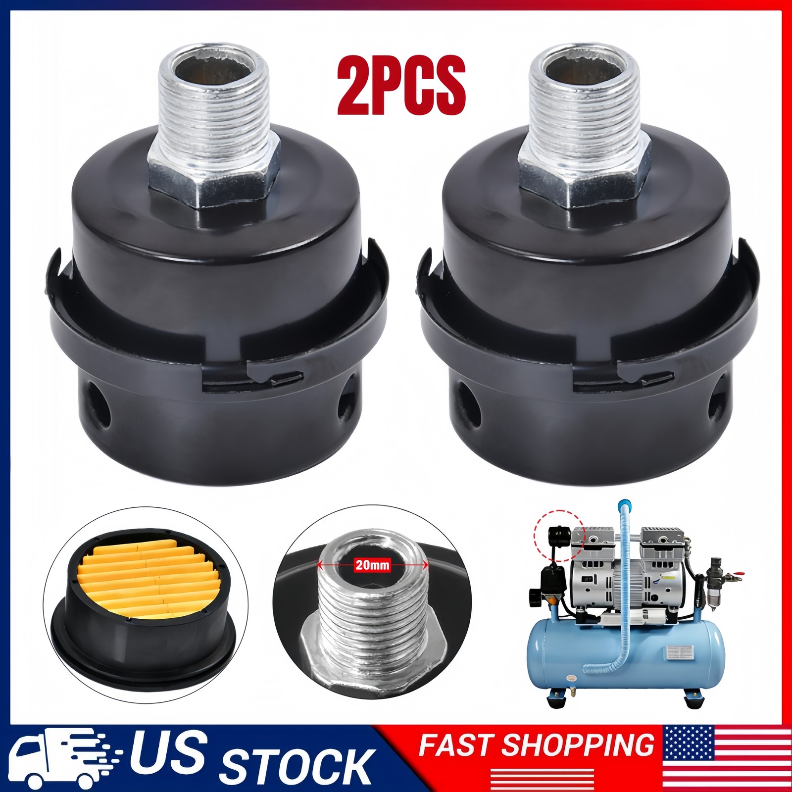 2Pack 1/2″ NPT Air Compressor Silencer Filter 20mm Metal Noise Muffler Intake US