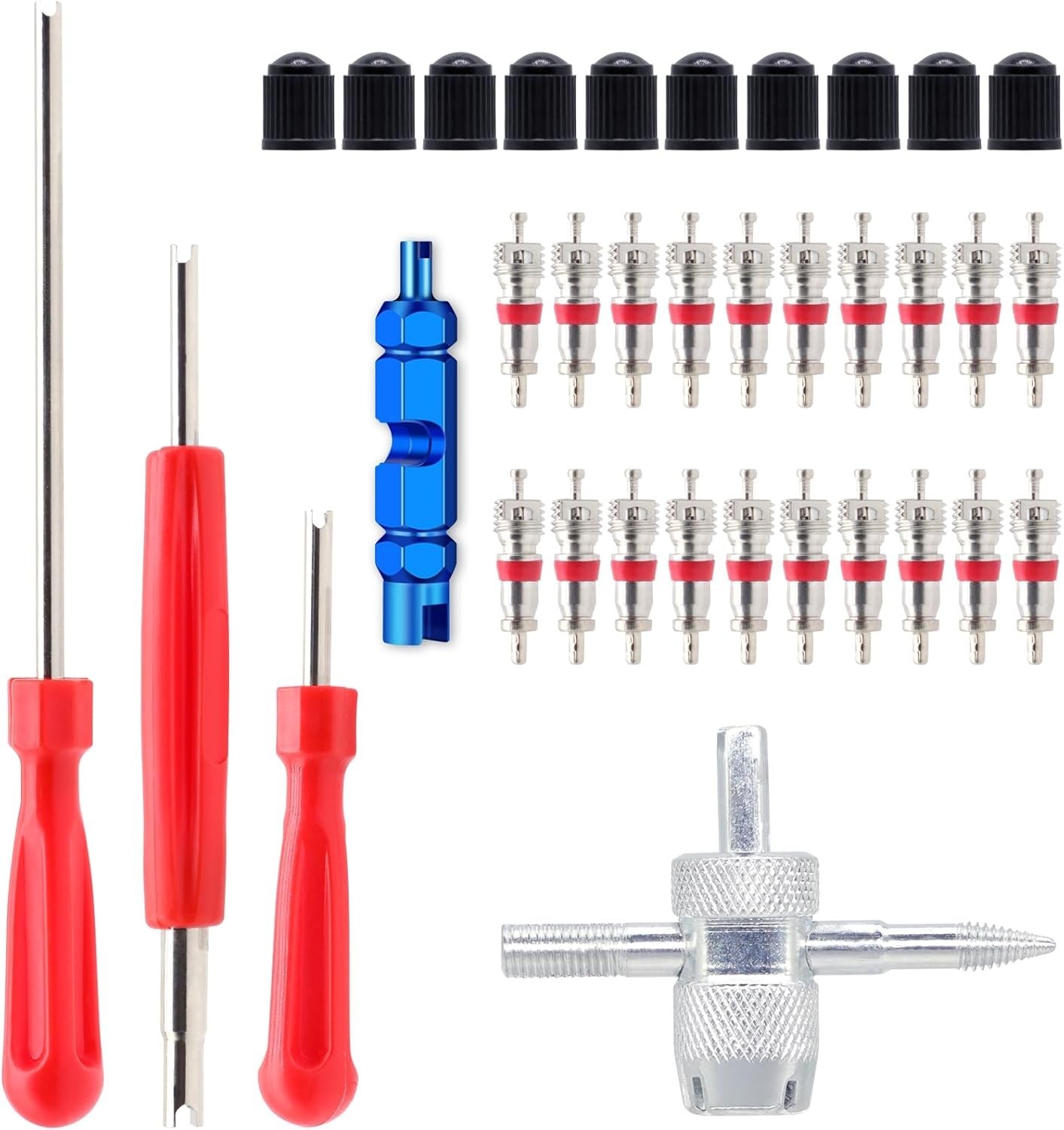 Universal Valve Stem Tool Set: 20 Valve Cores & 10 Caps for All Vehicles