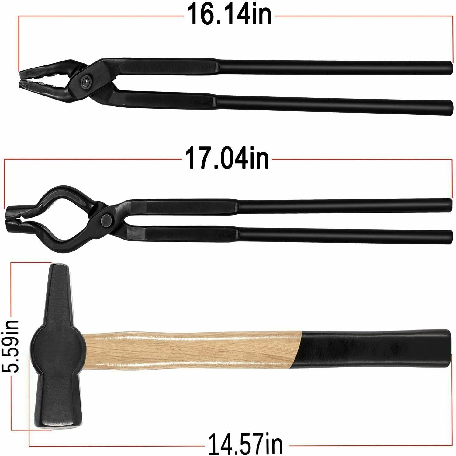 Beginner Blacksmith Tongs Set Wolf Jaw +V-bit Tongs +1KG Blacksmiths Hammer 3PCS