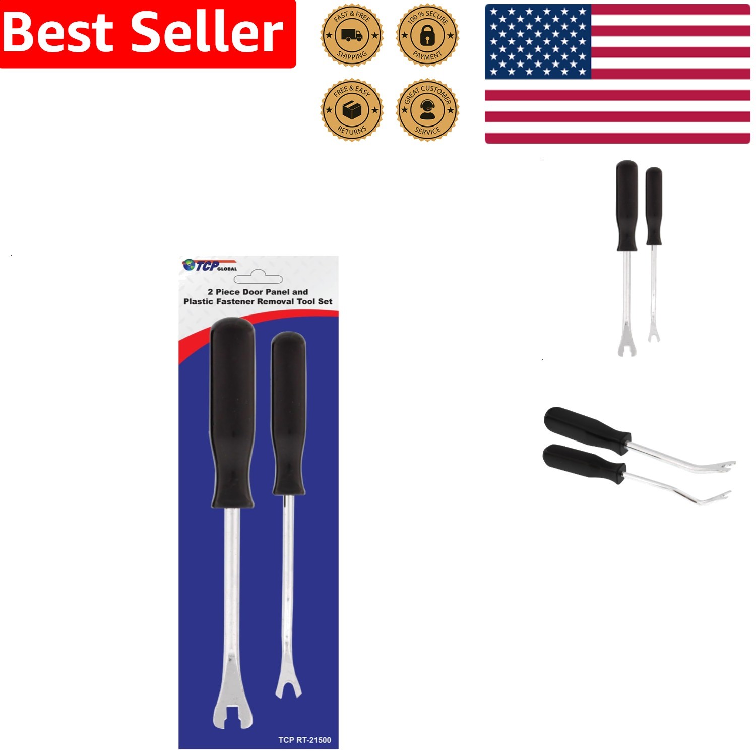 Door Panel Pry Tool Set 2pc Auto Plastic Fastener Removal Upholstery Clips