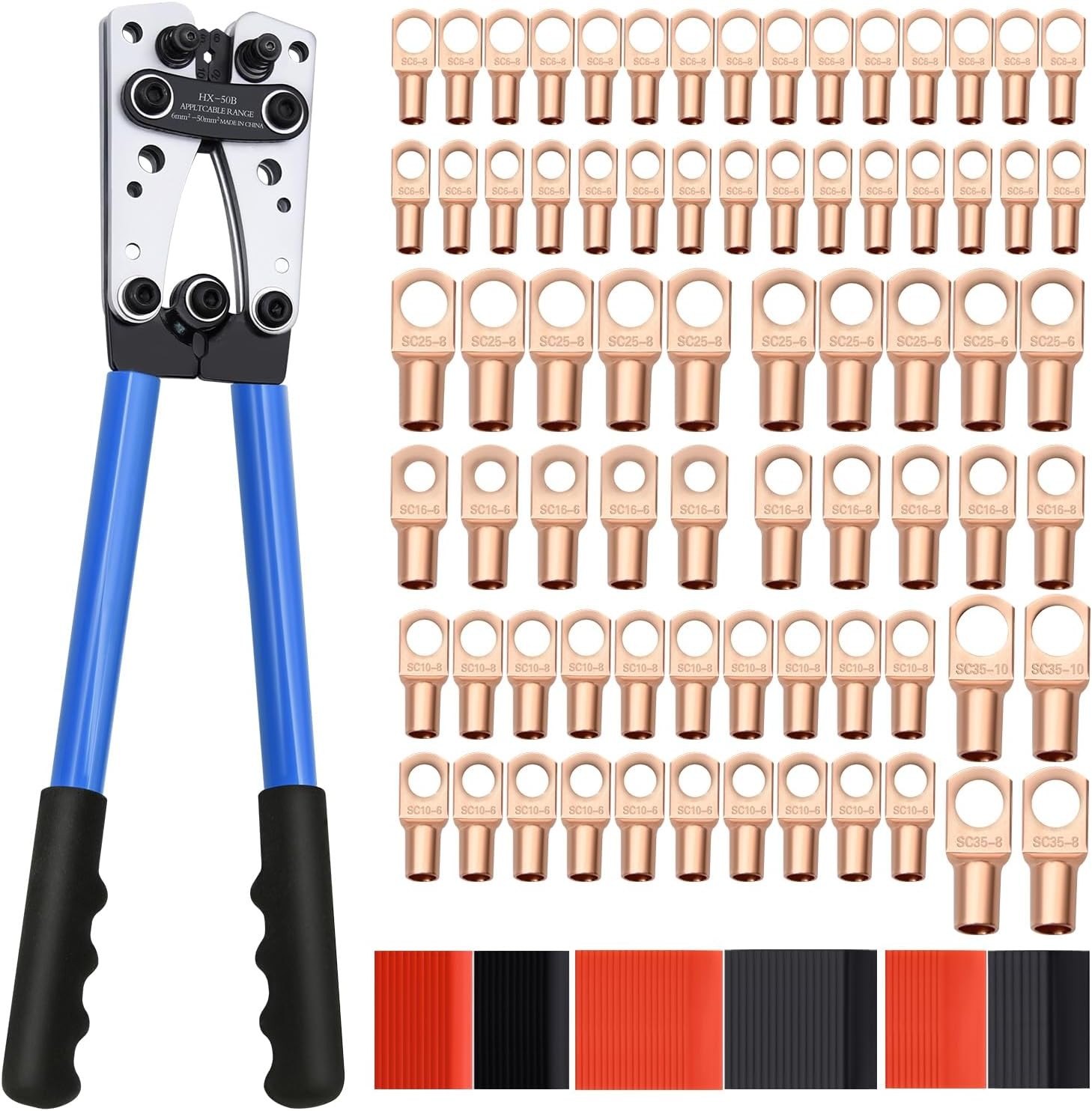 Cable Lug Crimping Tool with 74pcs Copper Wire Lugs, 100pcs Dual Silver/Grey
