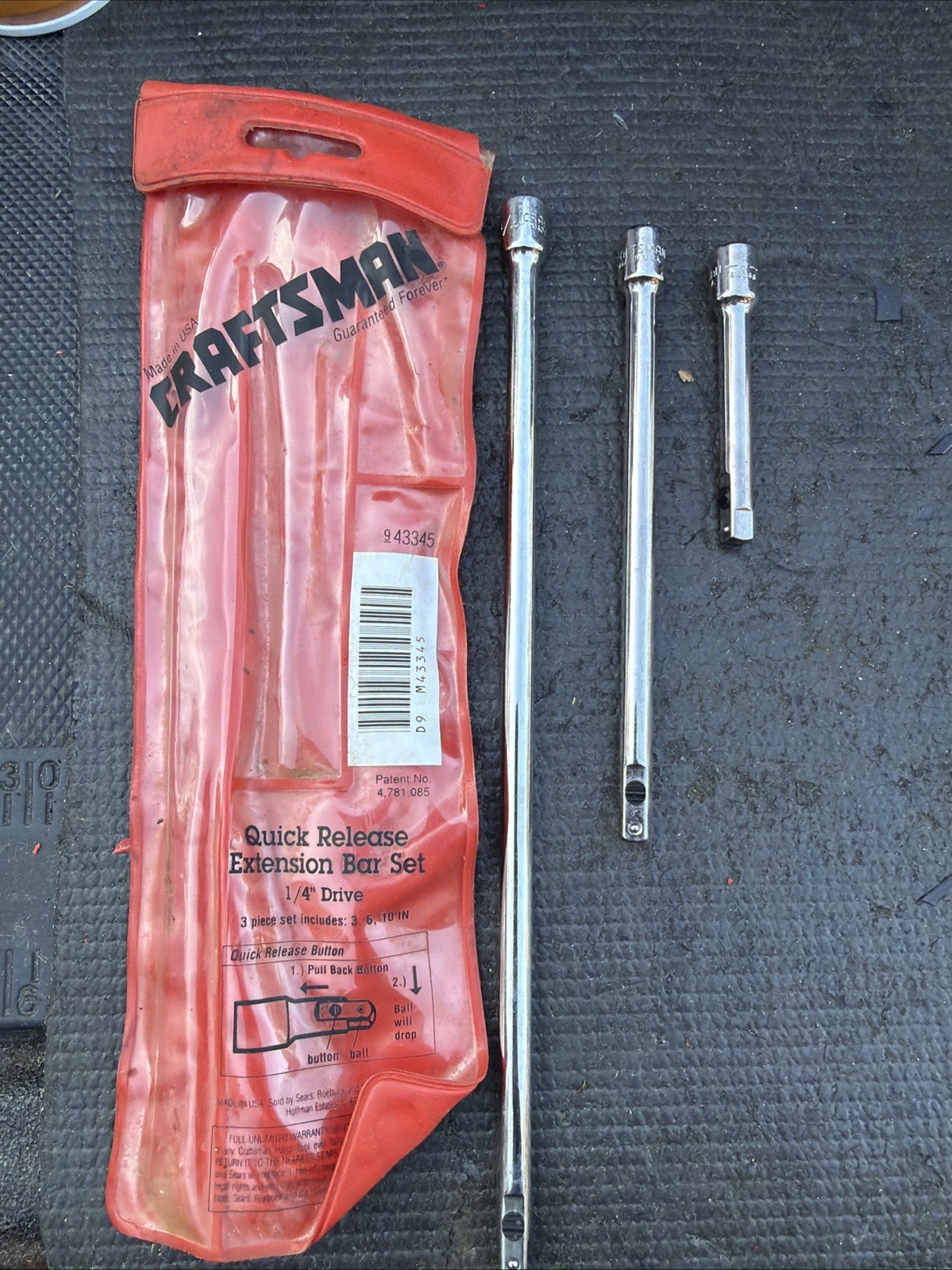 Sears Craftsman USA Nos 1/4” Quick Release Extension Bar Set 43345 3/6/10”