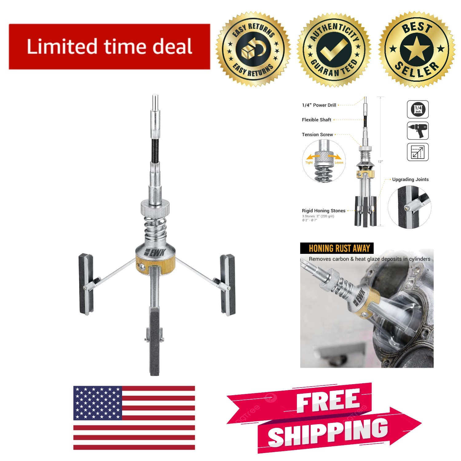 Steel Piston Honer with 220 Grit Stones for Optimal Engine Conditioning