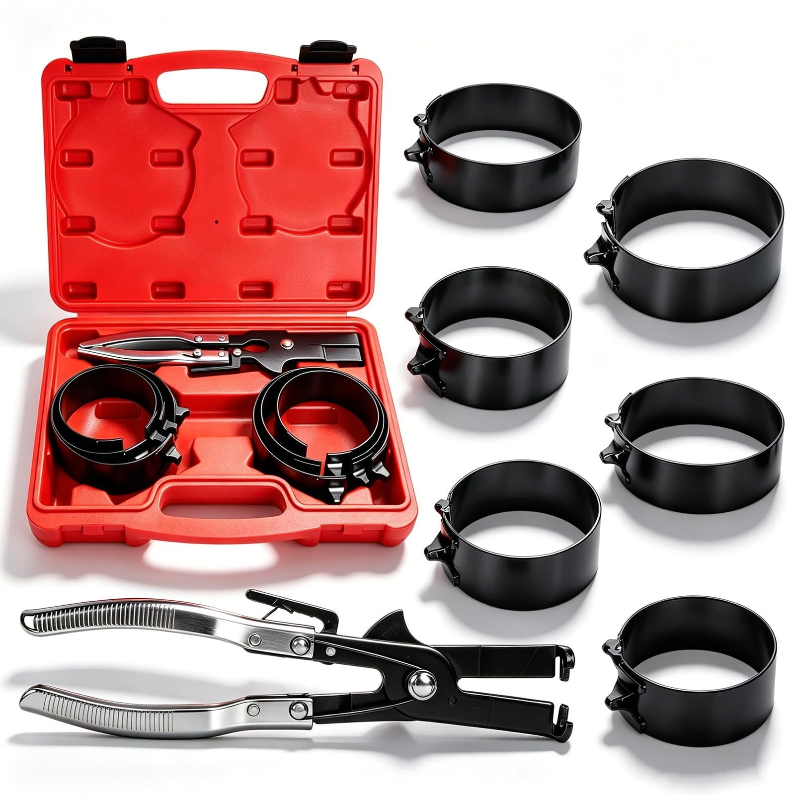Piston Ring Compressor Tool Set 7Pcs with Plier, 6 Rings 2-7/8″ to 4-5/8