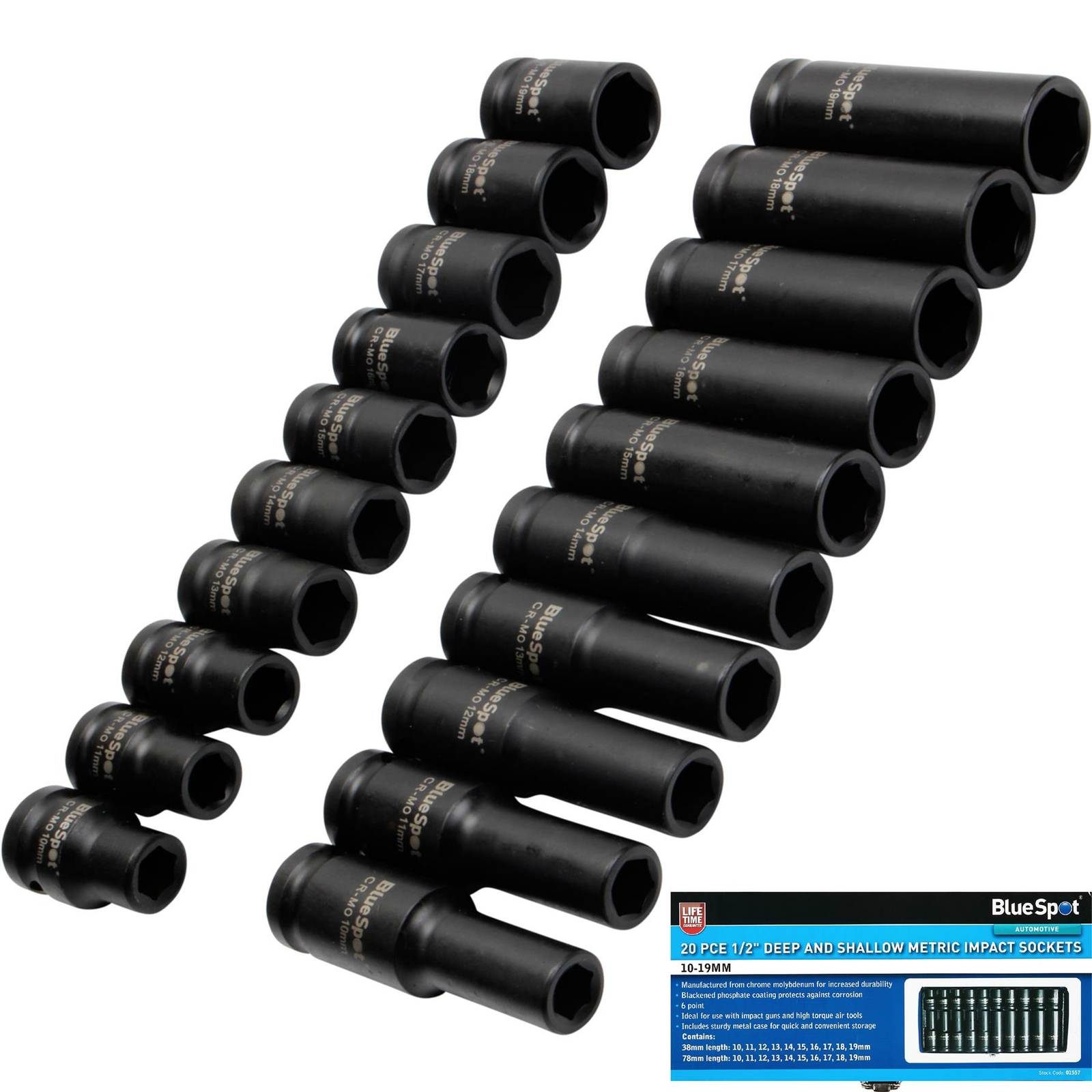 Deep and Shallow Metric Impact Sockets (10-19mm) 1/2″ 20pc 01557