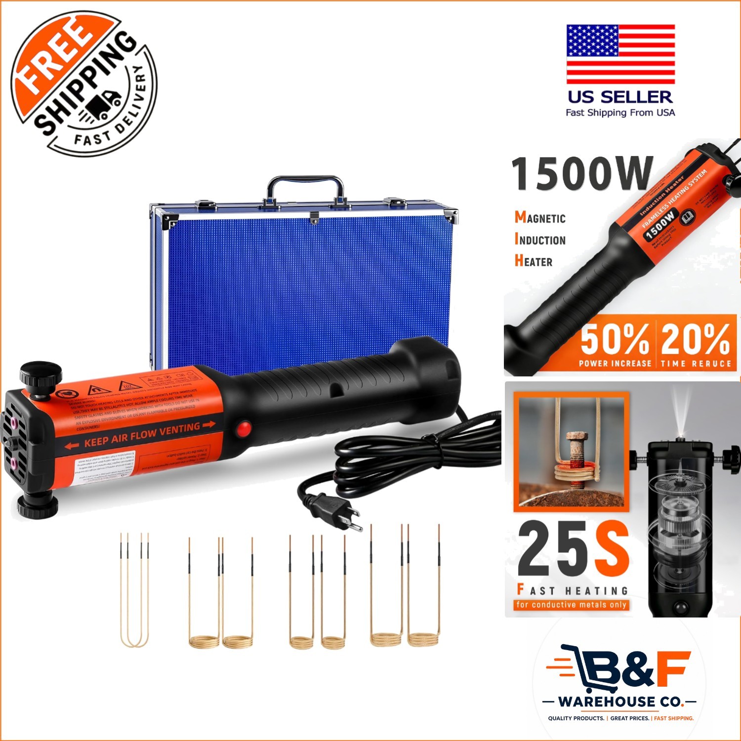 1500W Handheld Magnetic Bolt Buster Tool with 8 Coils & Integrated Lighting