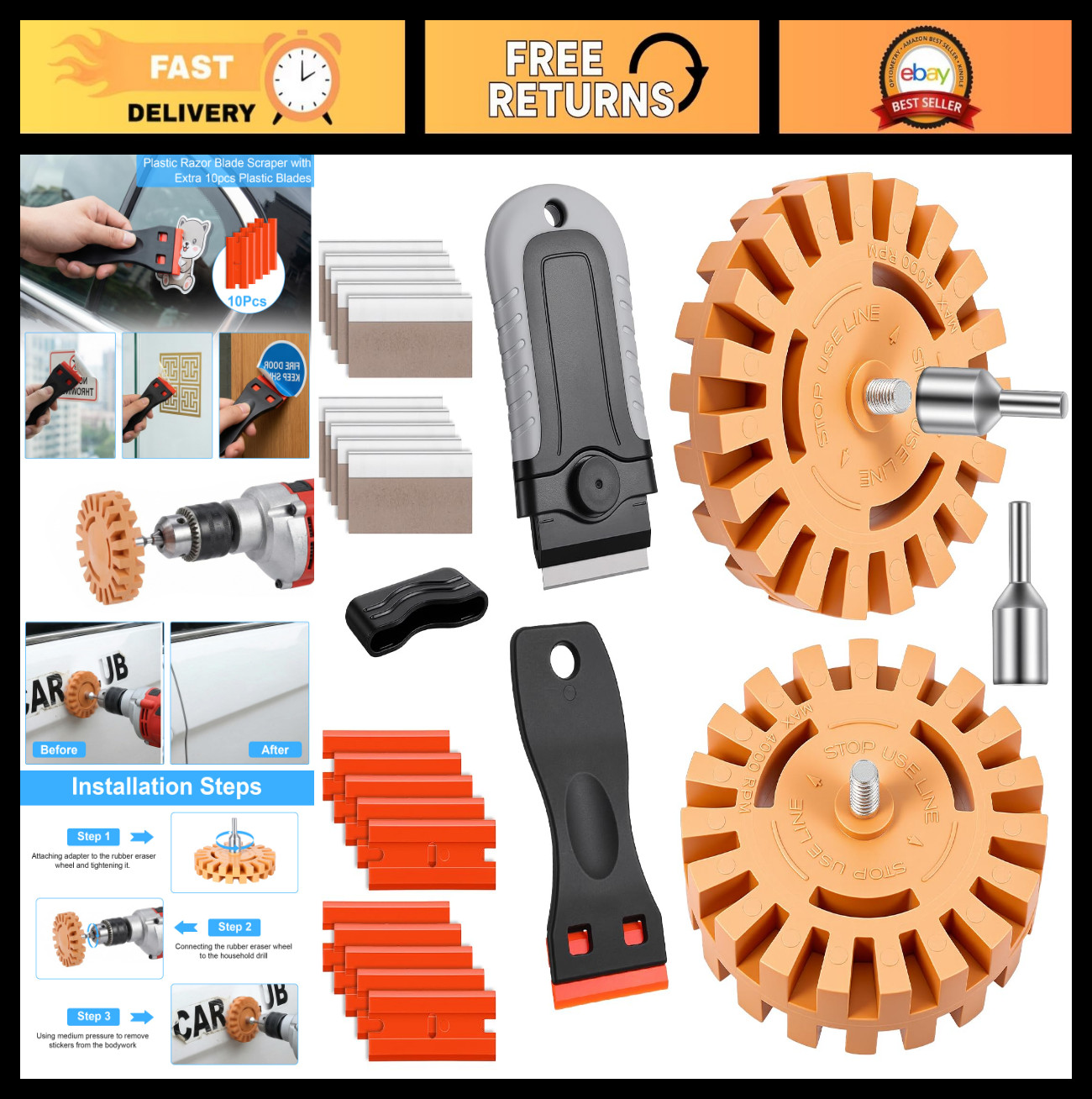 Decal Remover Eraser Wheel Kit for Drill – Adhesive Rubber Tool + 10 Plastic Bla