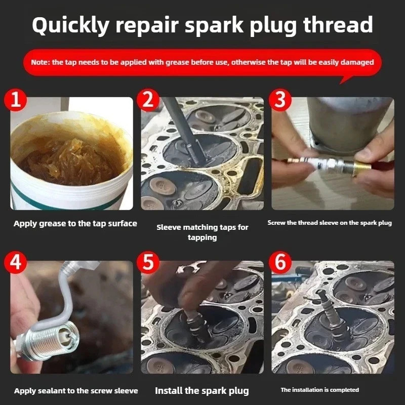 14mm Spark Plug Rethread Thread Repair Kit Helicoil Reamer Tap Tool w/ 4 Inserts