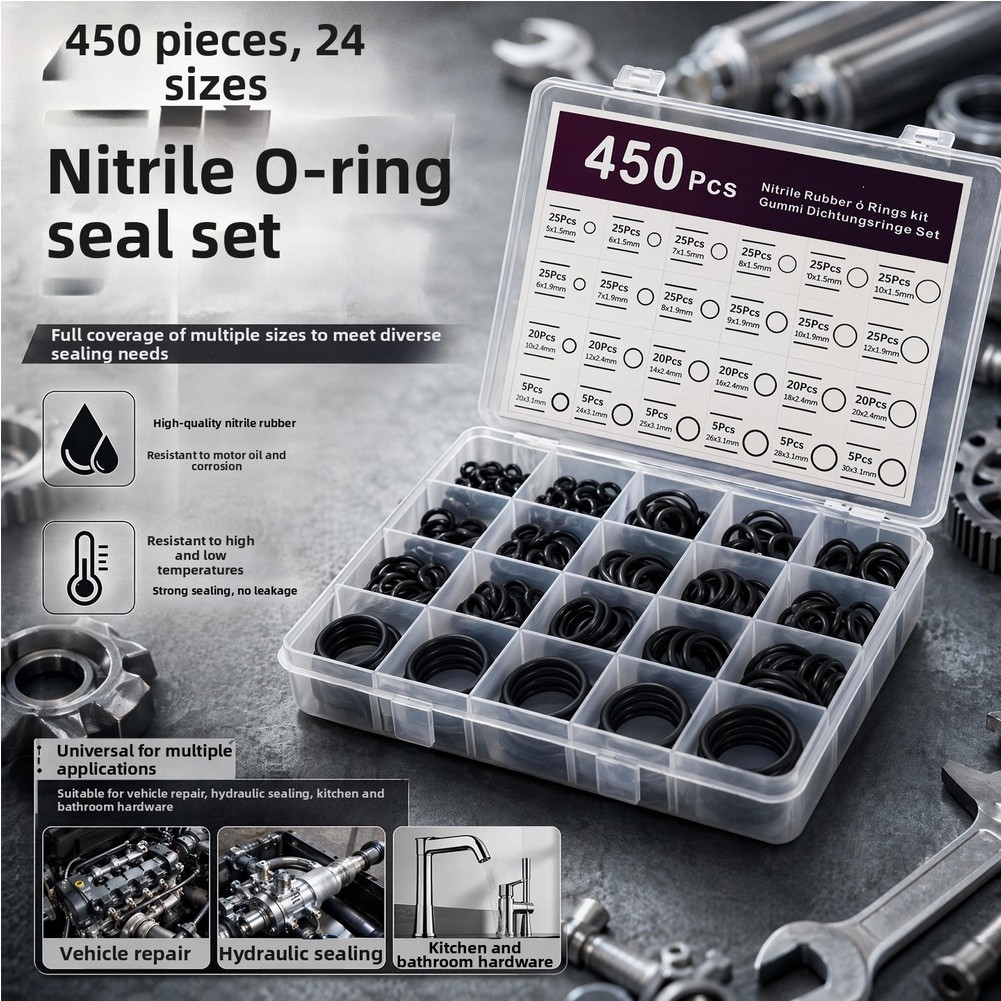 O Ring Kit 450 Pcs Nitrile Rubber 24 Sizes 40C to 120C Temperature Range