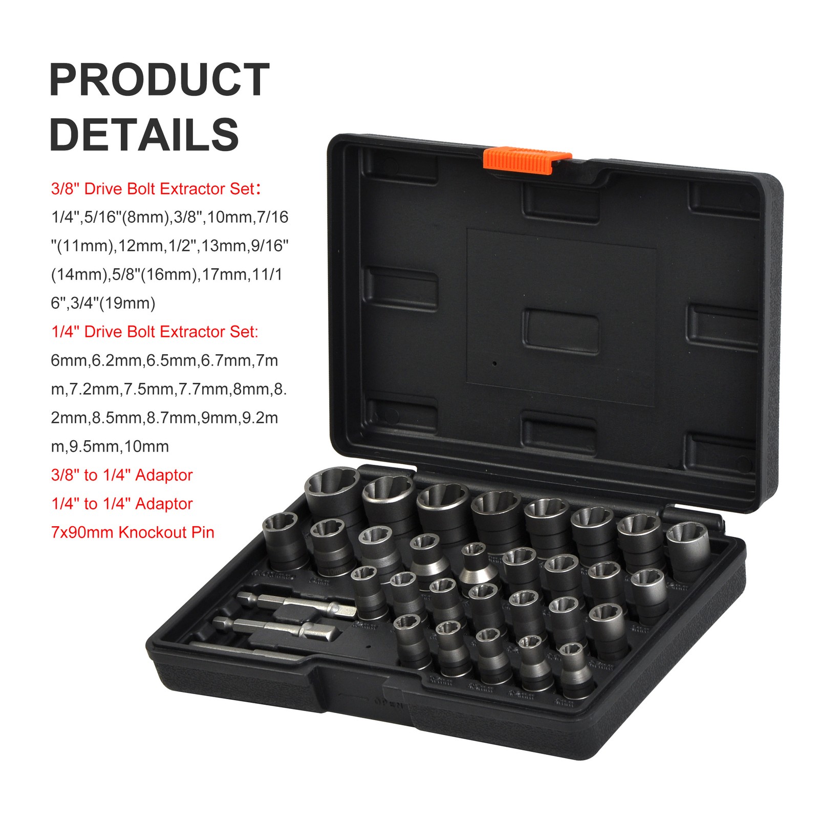 32pc 1/4″ & 3/8″ Square Drive Bolt Extractor Set, Impact Bolt & Nut Remover Tool
