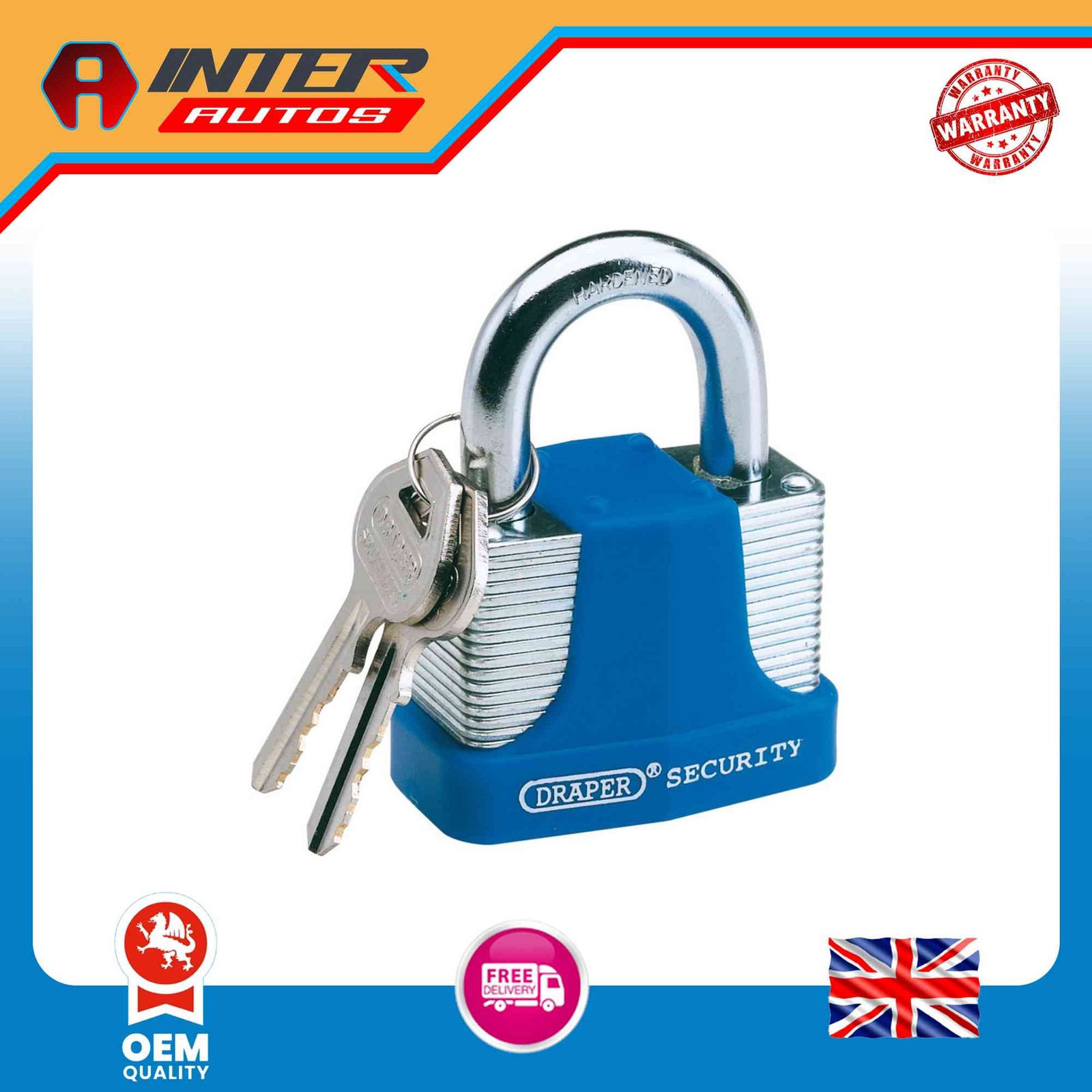 Draper Laminated Steel Padlock and 2 Keys with Hardened Steel Shackle and Bumper