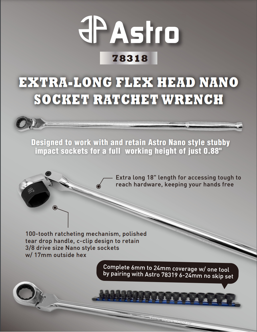 Astro Tools 18″ Long 17mm Flex Head Nano Socket Ratcheting Wrench #78318