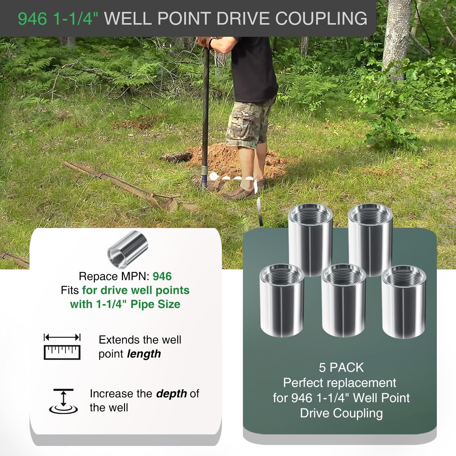 946 1-1/4″ Drive Coupling for Sand Point Well Drilling Drive Point Well Kit 5Pcs
