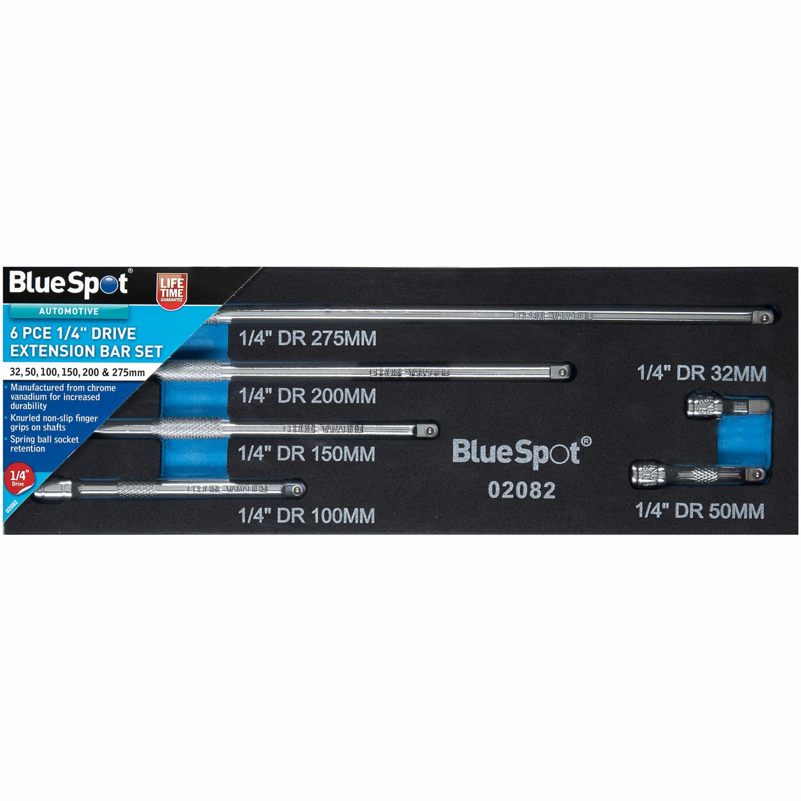 BlueSpot 6pc 1/4″ Drive Socket Extension Bar Set 32 50 100 150 200 275mm Long