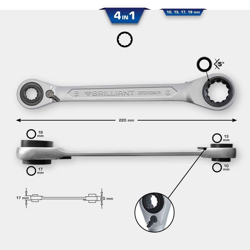Brilliant Tools Double Ratcheting Ring Spanner 4 in 1 10×13.17x19mm Double Ratcheting