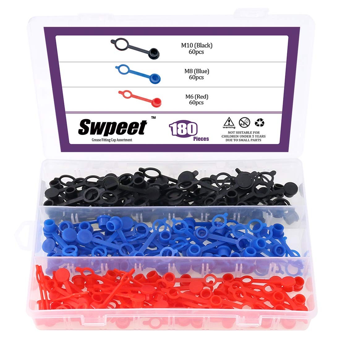 Swpeet 300Pcs Plastic Grease Fitting Cap 6mm, 8mm, 10mm, Black,Blue
