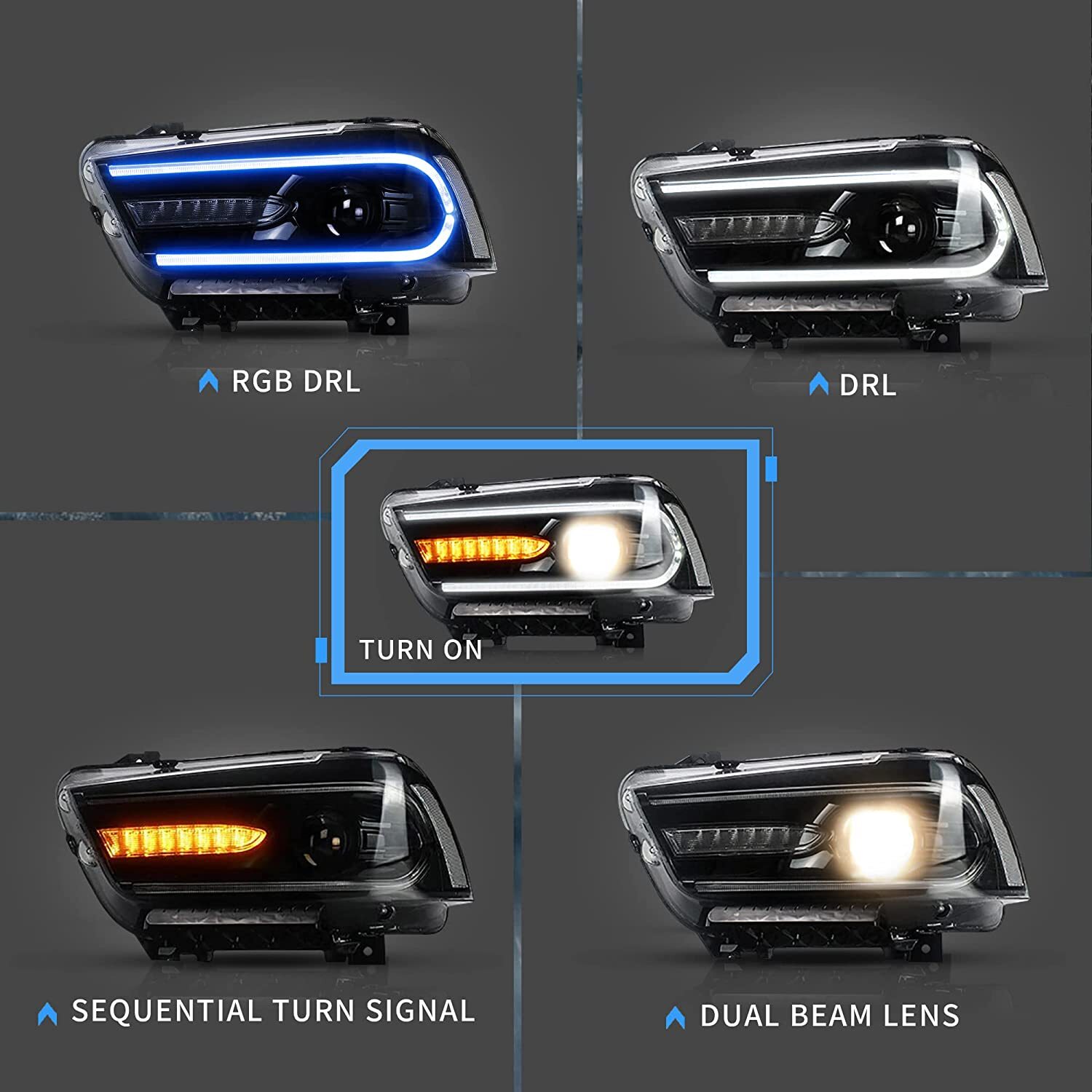 VLAND Headlights w/RGB DRL Sequential Turn+LED Bulbs For Dodge Charger 2011-2014