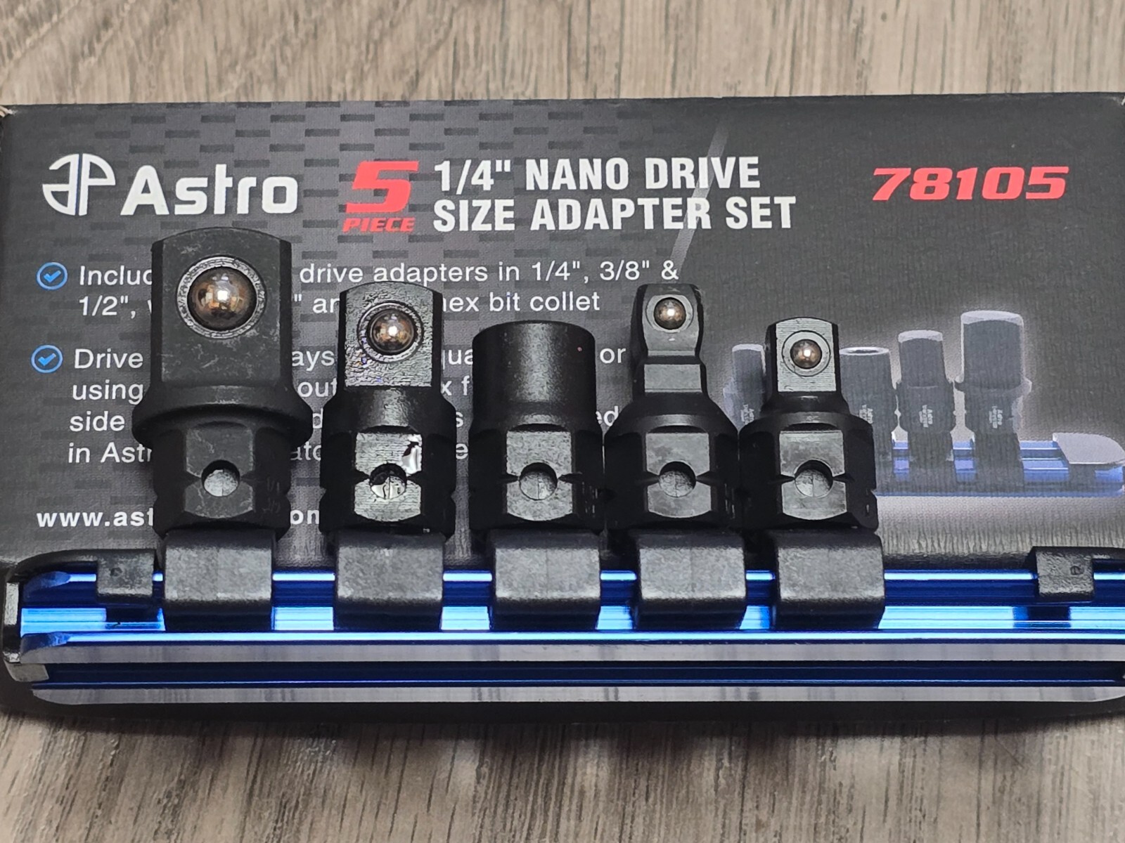 Astro Tools 5pc Nano Dual Drive (1/4″ & 11mm) Socket Adapter Set w/Rail #78105